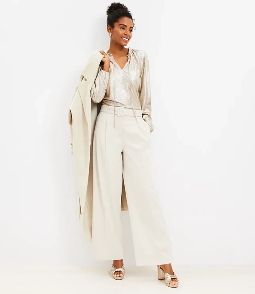 Belted Wide Leg Pants Heathered Brushed Flannel