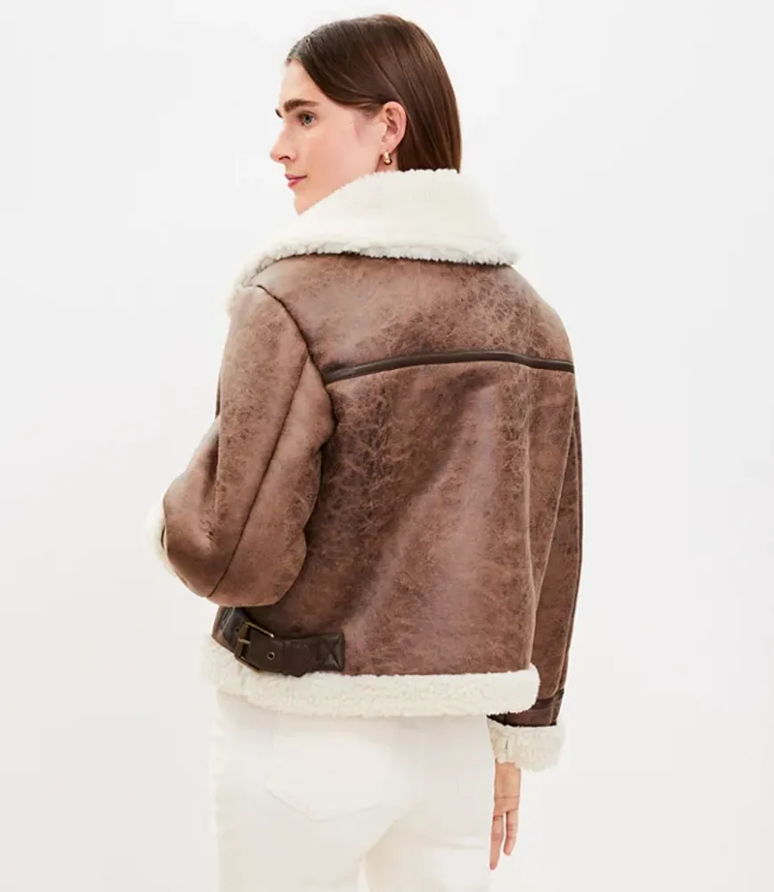 Crackle Faux Suede Sherpa Aviator Jacket