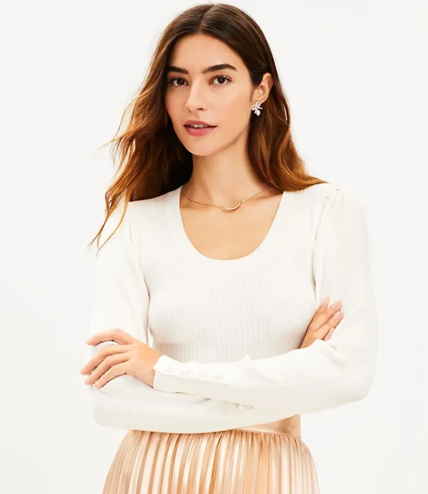 Pearlized Cuff Ribbed Puff Sleeve Sweater