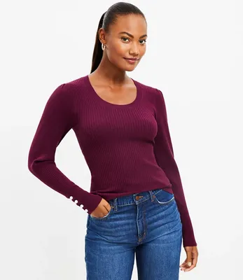 Pearlized Cuff Ribbed Puff Sleeve Sweater