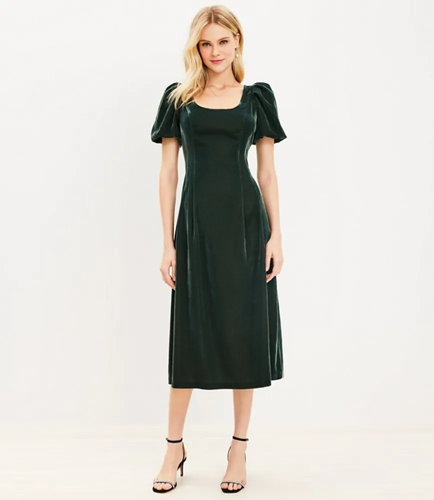 Velvet Puff Sleeve Midi Flare Dress