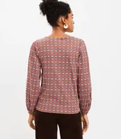 Petite Medallion Pleated V-Neck Long Sleeve Tee