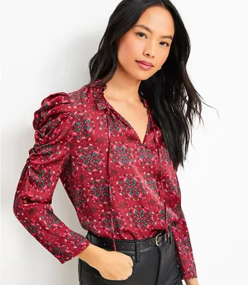 Floral Cinched Sleeve Ruffle Tie Neck Mixed Media Top