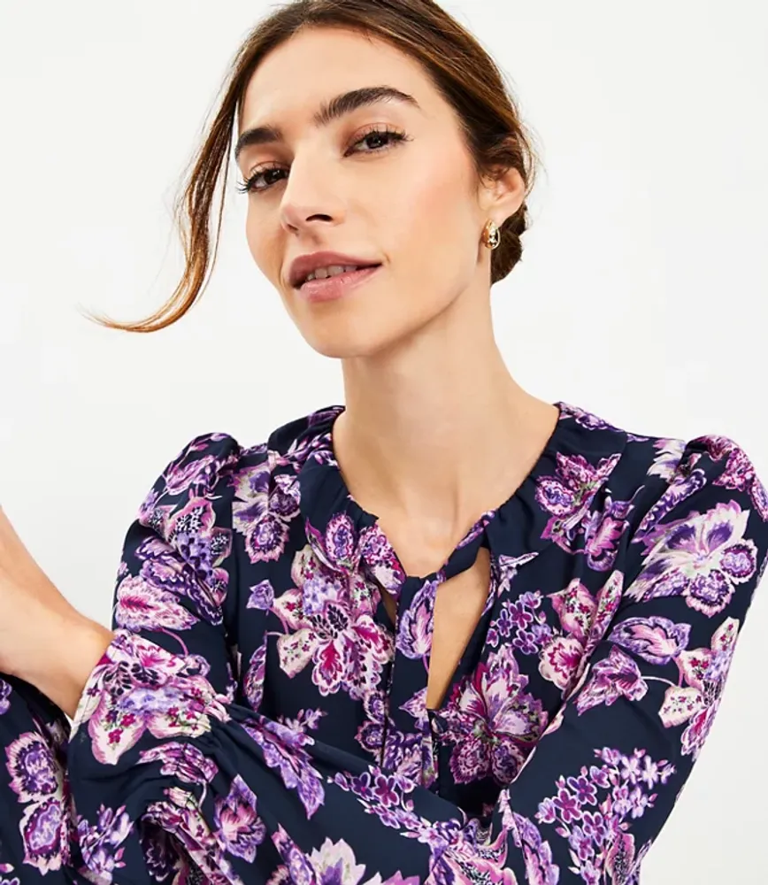 Floral Ruffle Tie Neck Blouse