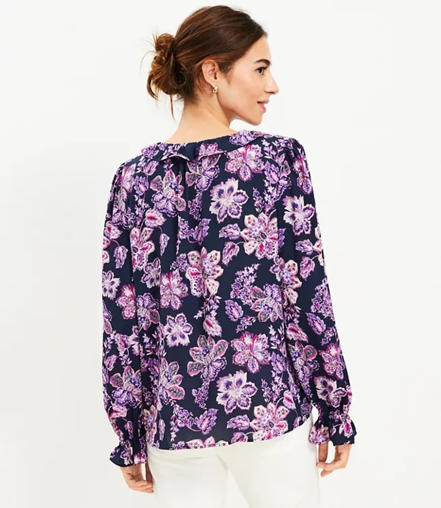 Floral Ruffle Tie Neck Blouse