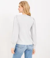 Petite Heathered Cozy Textured Puff Sleeve V-Neck Top