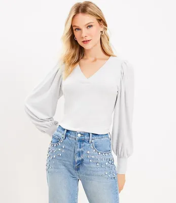 Petite Heathered Cozy Textured Puff Sleeve V-Neck Top