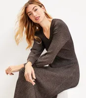 Shimmer Ribbed Button Cuff Midi Sweater Dress