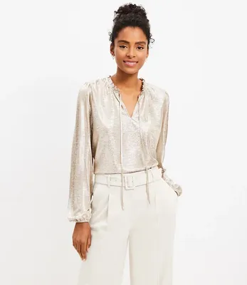 Shimmer Crinkle Ruffle Tie Neck Top