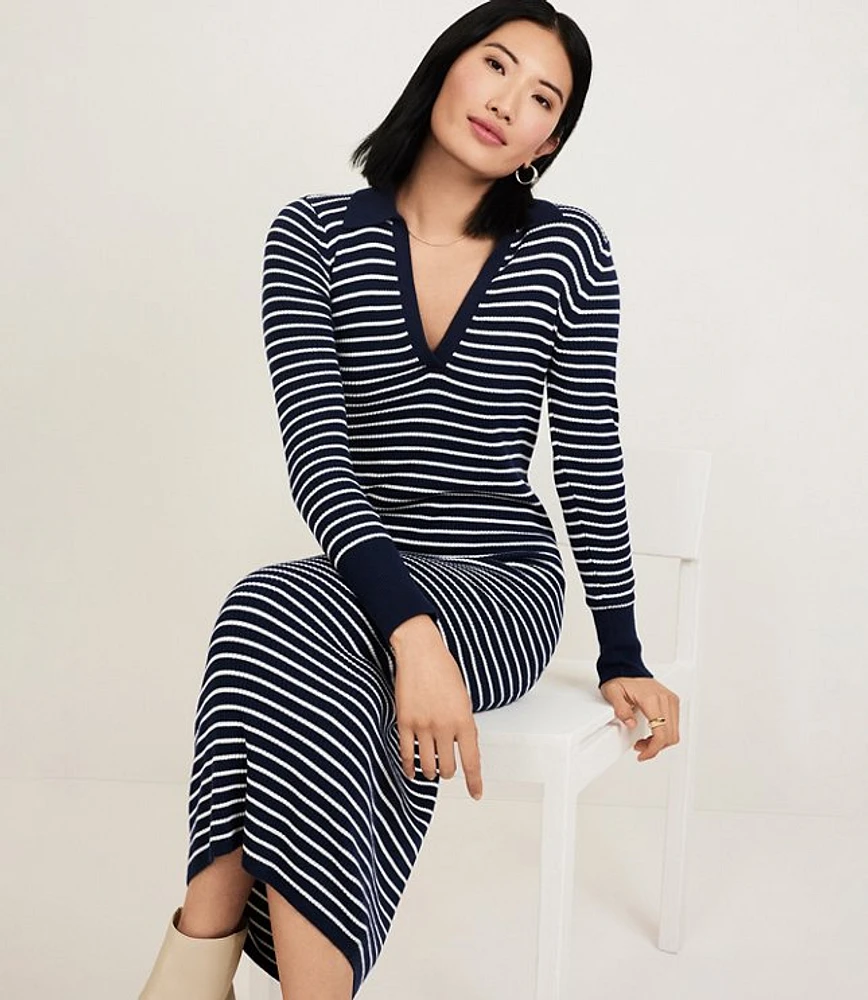 Stripe Ribbed Collared Midi Dress