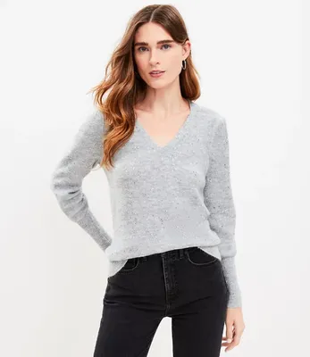 Petite Sparkle Puff Sleeve V-Neck Sweater