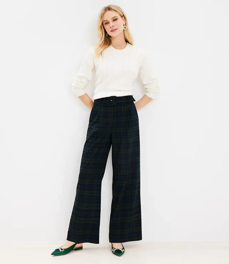 Petite Belted Wide Leg Pants Plaid Brushed Flannel