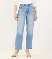 Petite Rhinestone High Rise Straight Jeans Vintage Distressed Wash