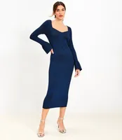 Ribbed Trumpet Sleeve Midi Sweater Dress