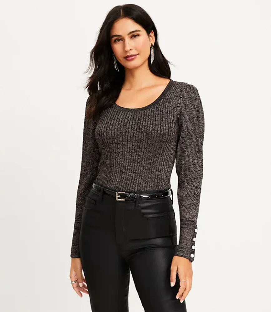 Shimmer Pearlized Cuff Ribbed Puff Sleeve Sweater