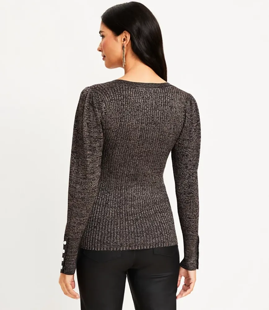 Shimmer Pearlized Cuff Ribbed Puff Sleeve Sweater