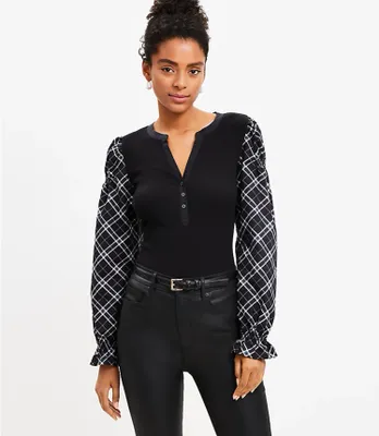 Petite Plaid Henley Mixed Media Top