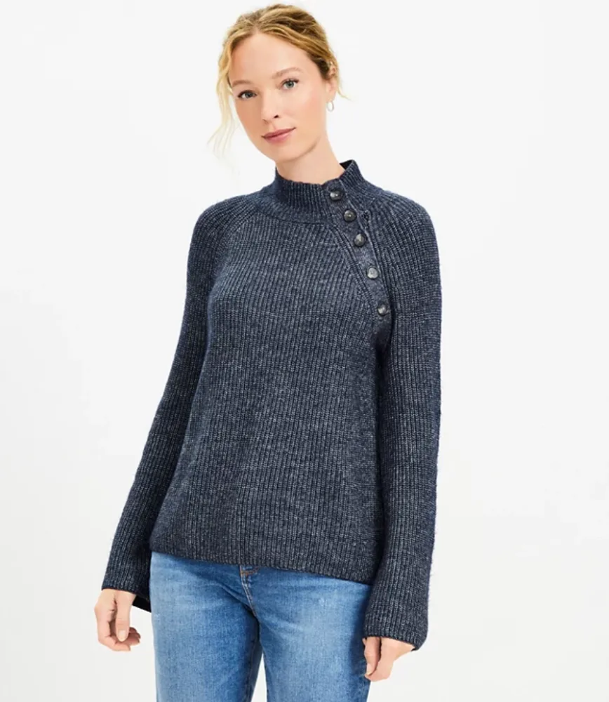 Loft Petite Ribbed Button Neck Flare Sleeve Sweater