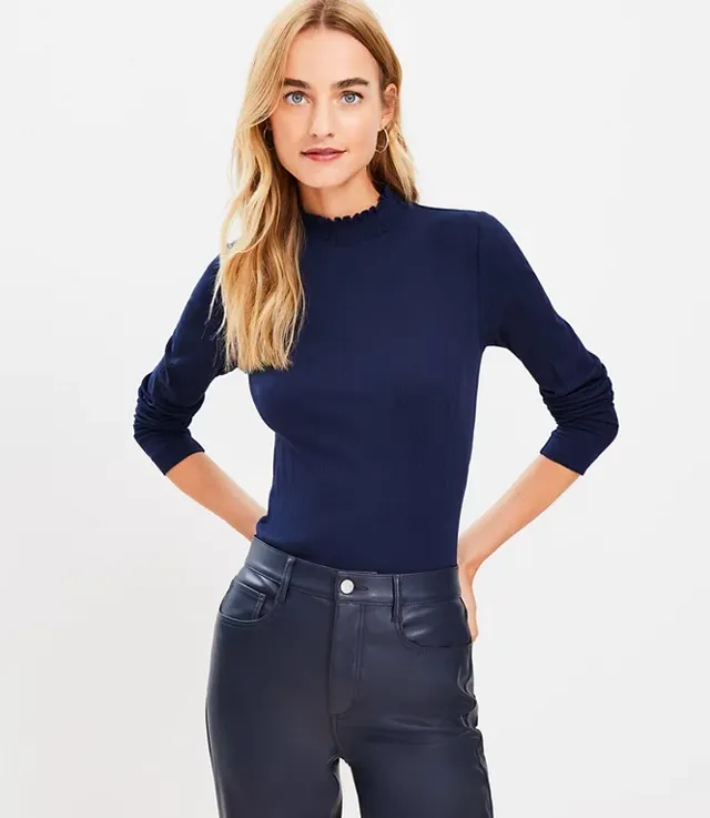 Sheer Rib-knit Mock Turtleneck Top