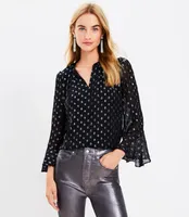 Petite Metallic Clip Ruffle Tie Neck Blouse