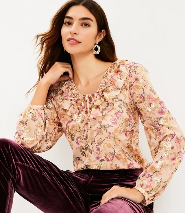 Petite Floral Ruffle Tie Neck Blouse