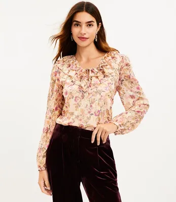 Petite Shimmer Floral Ruffle Tie Neck Blouse