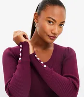 Petite Pearlized Cuff Ribbed Puff Sleeve Sweater