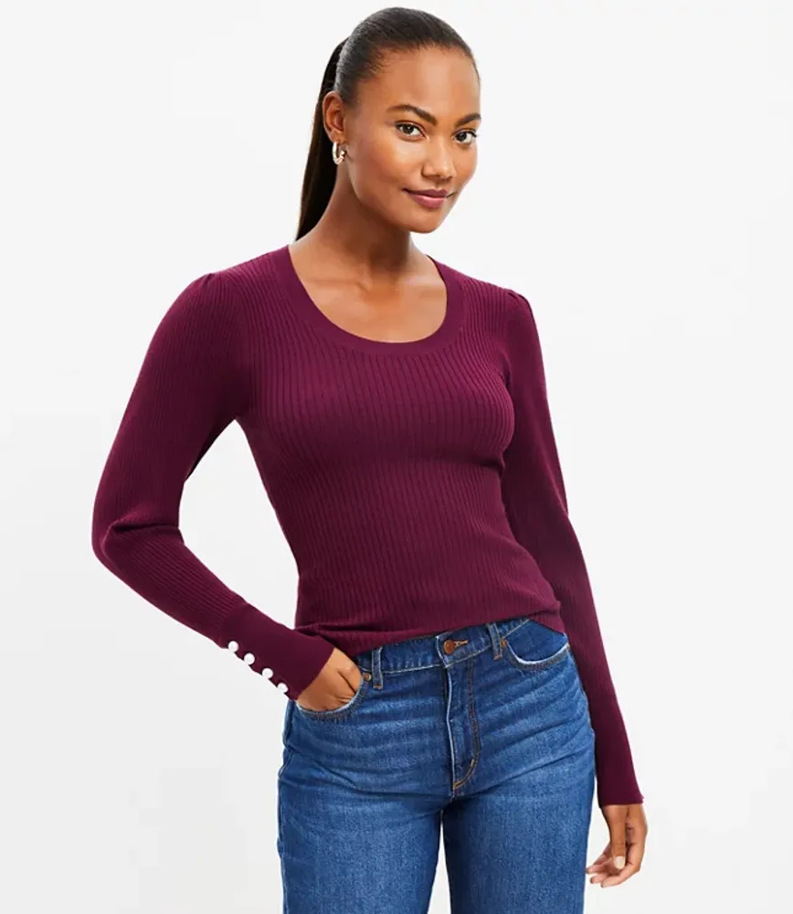 Petite Pearlized Cuff Ribbed Puff Sleeve Sweater