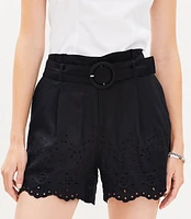 Belted Pleated Shorts Eyelet Linen Blend