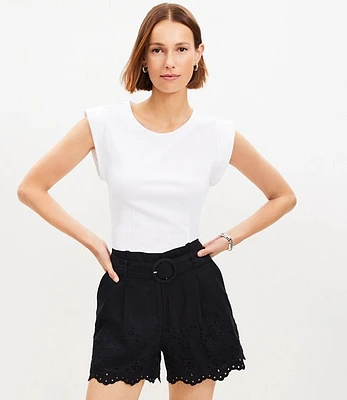 Belted Pleated Shorts Eyelet Linen Blend