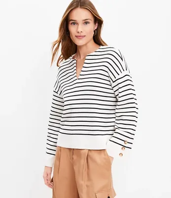 Striped Button Sleeve Split Neck Sweater