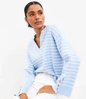 Striped Button Sleeve Split Neck Sweater