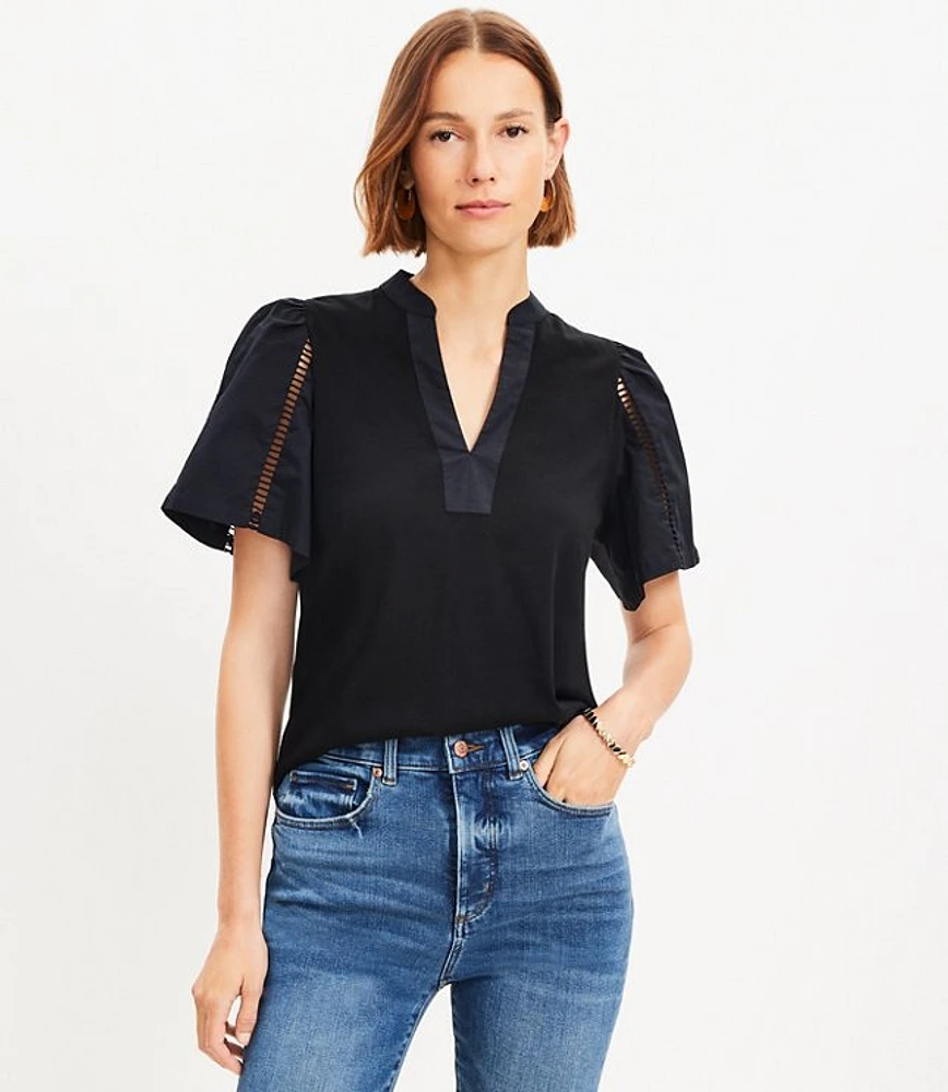 Cutout Mixed Media Flutter Sleeve Top