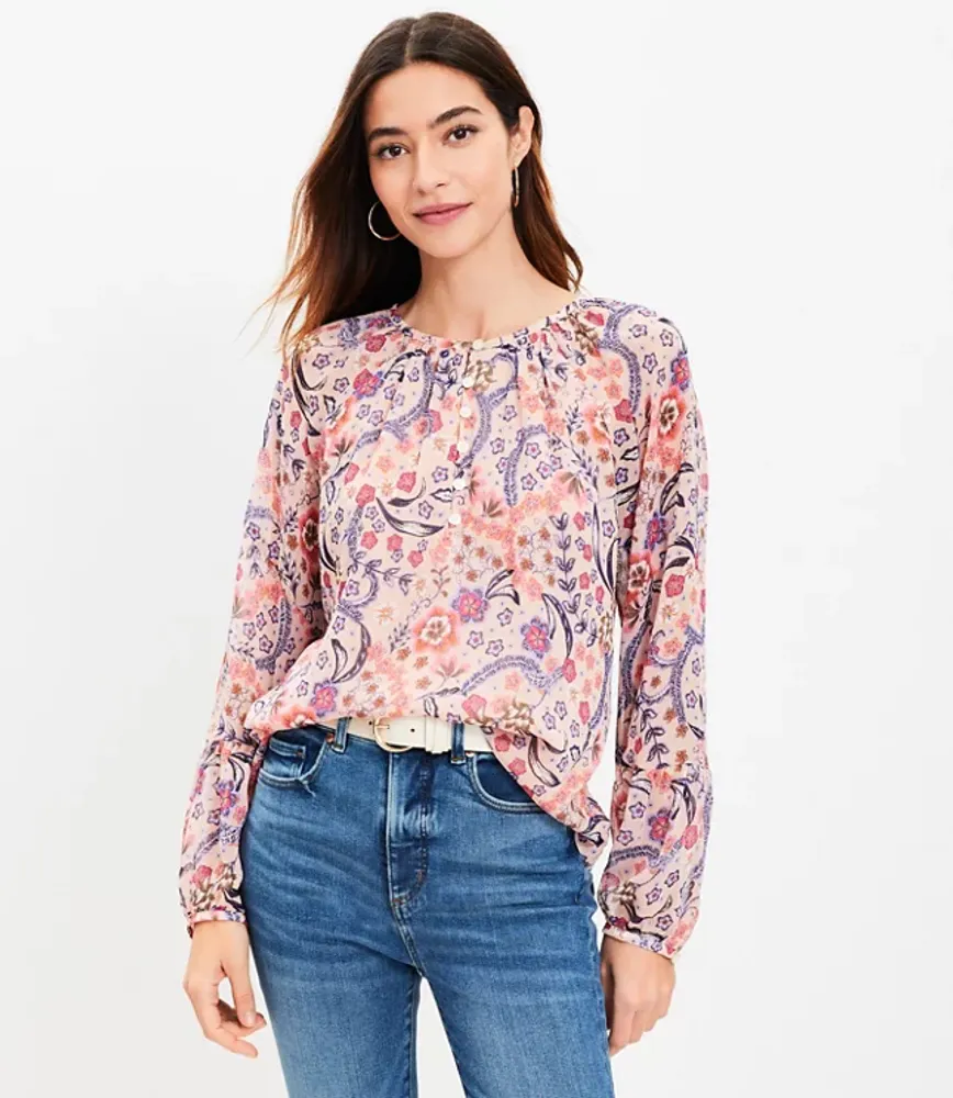 Petite Bloom Bubble Sleeve Henley Top