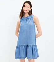 Chambray Ruched Flounce Swing Dress