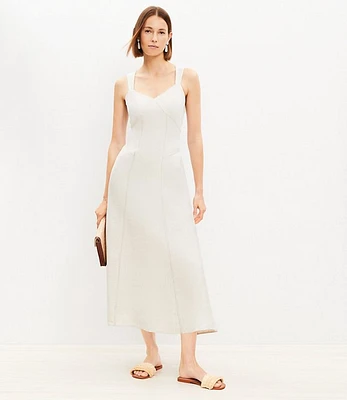 Linen Blend Seamed V-Neck Midi Dress