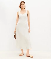 Linen Blend Seamed V-Neck Midi Dress