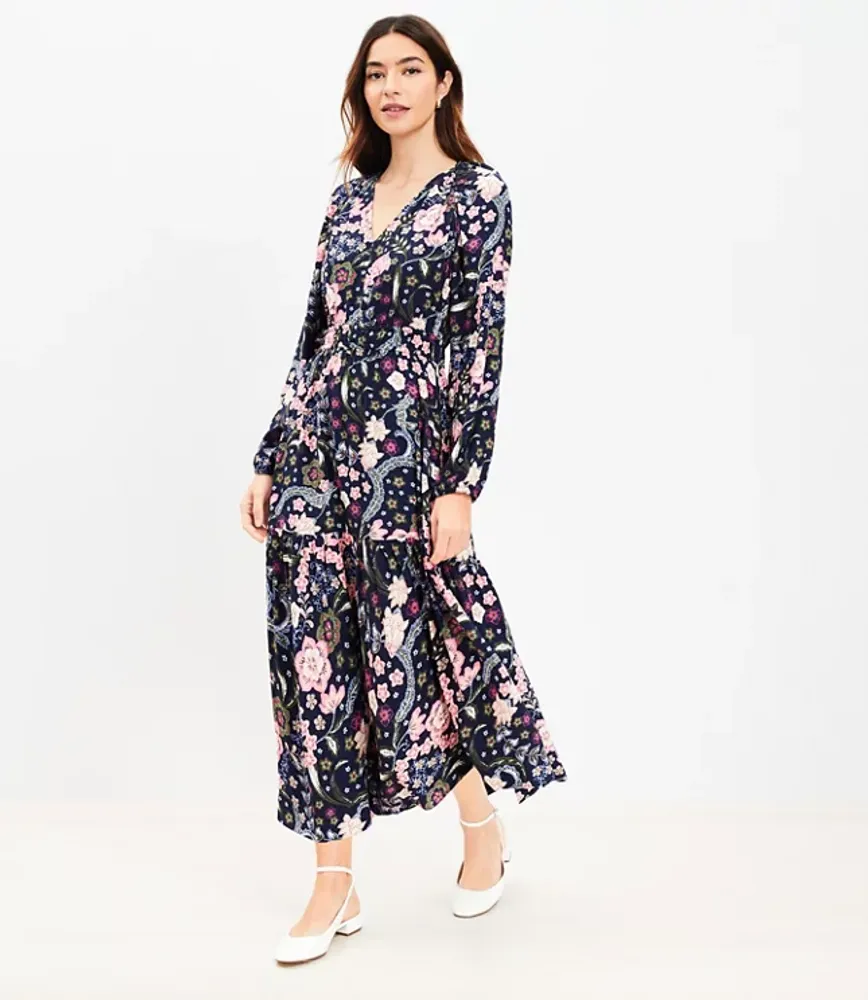 Petite Floral Shirred Flounce Midi Dress