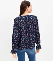 Petite Floral Ruffle Cuff Tie Neck Blouse