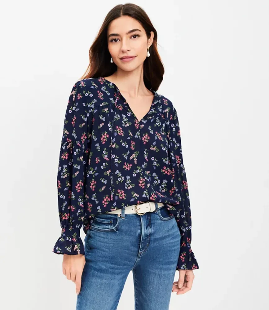 Petite Floral Ruffle Cuff Tie Neck Blouse