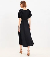 Petite Linen Blend Belted Puff Sleeve Dress