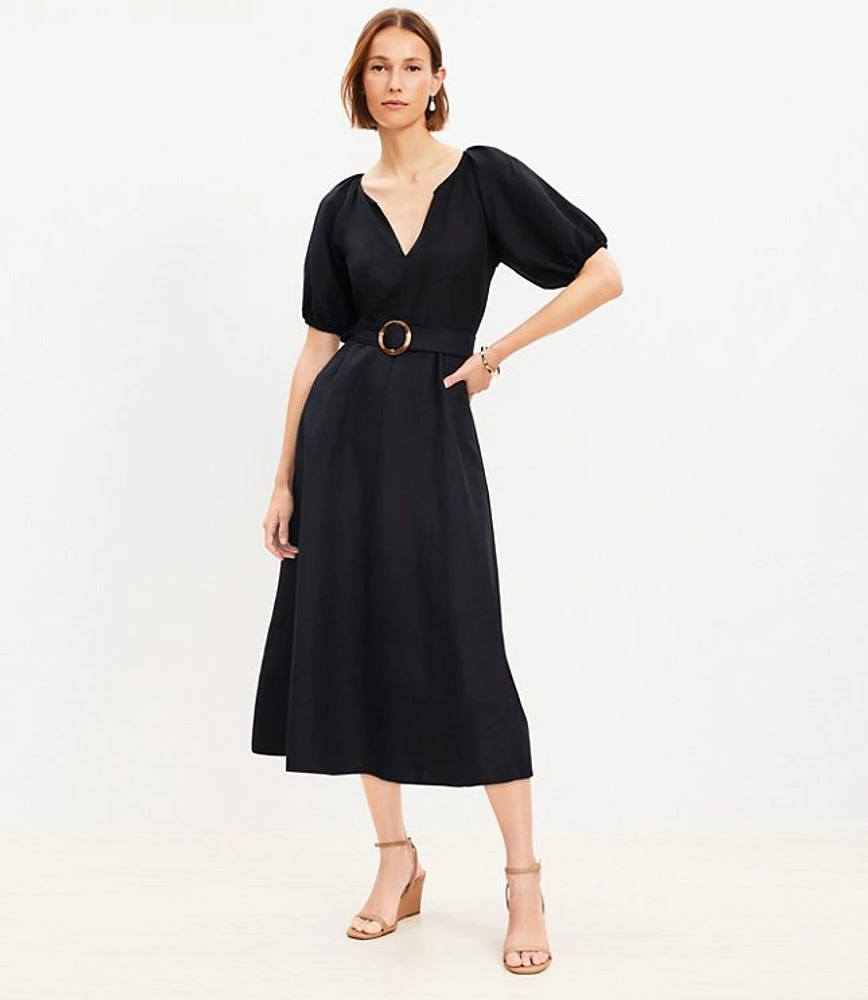 Petite Linen Blend Belted Puff Sleeve Dress