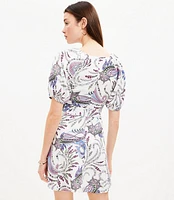 Petite Paisley Linen Blend Belted Puff Sleeve Dress