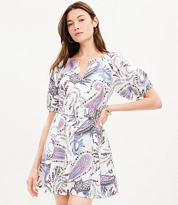 Petite Paisley Linen Blend Belted Puff Sleeve Dress