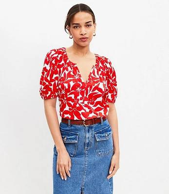 Petite Plumeria Puff Sleeve Split Neck Top