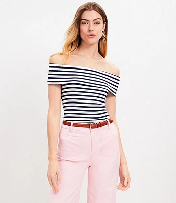 Petite Stripe Ribbed Off The Shoulder Top