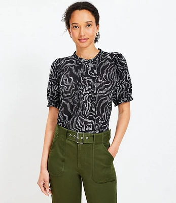 Ripple Pintucked Puff Sleeve Mixed Media Blouse