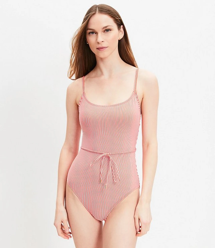 LOFT Beach Seersucker Belted One Piece Swimsuit