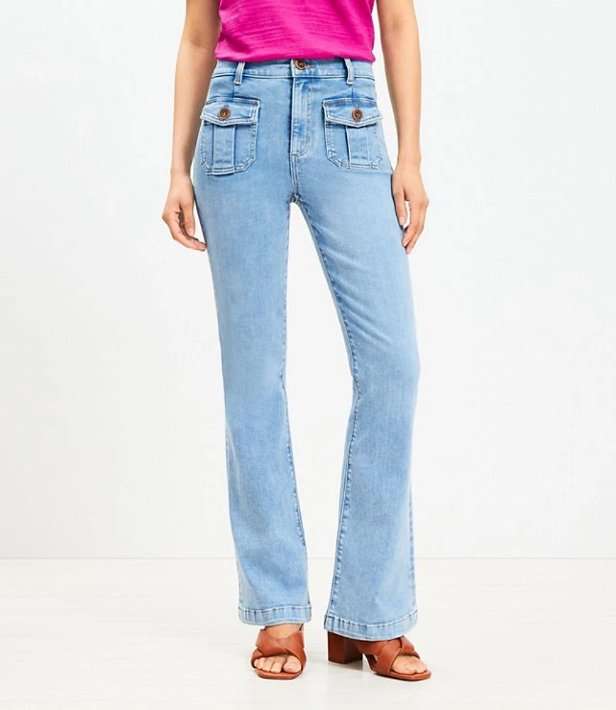 Petite High Rise Patch Pocket Slim Flare Jeans in Light Wash