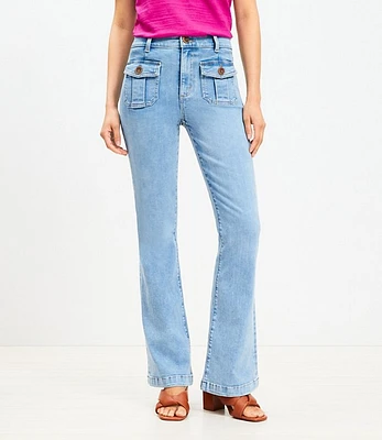 Petite High Rise Patch Pocket Slim Flare Jeans Light Wash